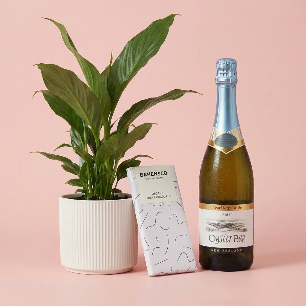 Peace Lily Plant Gift with Sparkling Wine & Chocolate Peace Lily Plant Gift with Sparkling Wine & Chocolate